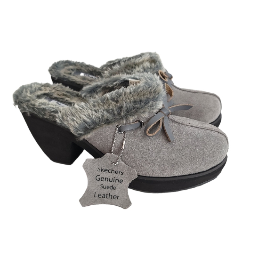 Skechers Leather Suede Faux Fur Mules Clogs Gray